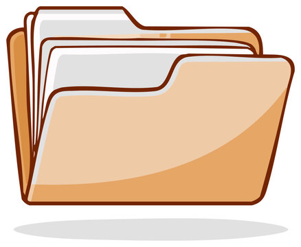 Open beige manila folder overflowing with documents and paper sheets, cartoon style.