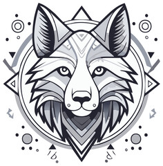 Fototapeta premium Stylized wolf head illustration with geometric and tribal patterns. Symmetrical vector mascot.