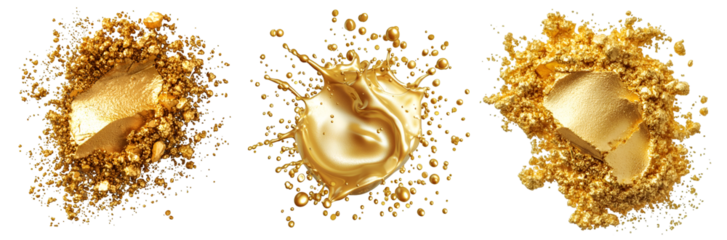 Golden powder explosion and shimmering dust swirl collection on white background