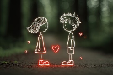 Neon drawings of two children, a boy and a girl, standing opposite each other, a heart between them, a forest on a blurred background, fluorescent neon style drawing, illustration, drawing