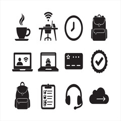  A set of icons related to modern work including a cup of coffee, a desk setup, a clock, a backpack, a laptop and more.