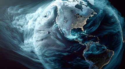 Naklejka premium Global view of planet earth with weather systems and visible city lights across continents.