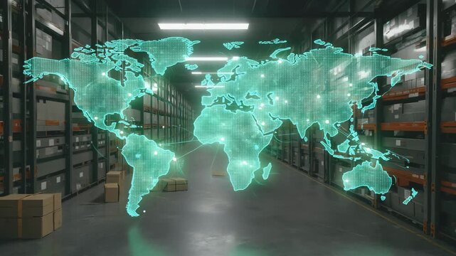 A digital world map with linked points overlays a warehouse backdrop, representing modern logistics and worldwide distribution systems.
 - Powered by Adobe