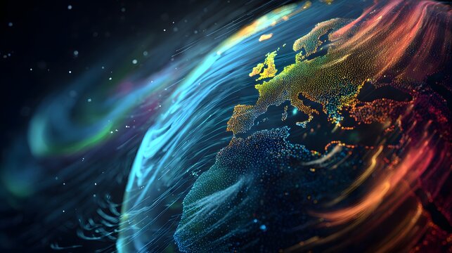 Digital globe showcasing colorful continents and abstract light trails for a modern aesthetic. - Powered by Adobe