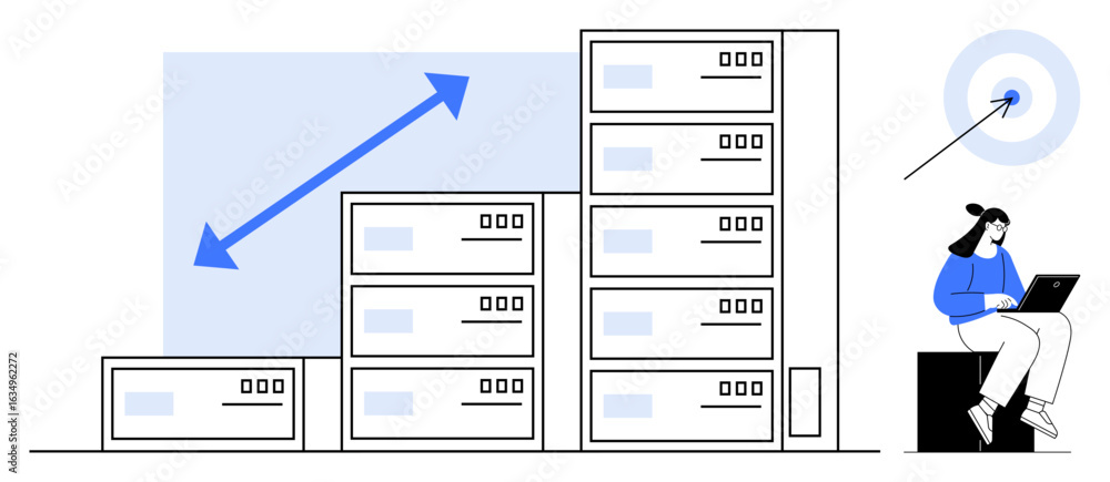 Poster stacked server units indicating scalable data growth, upward arrow signifying progress, target symbo