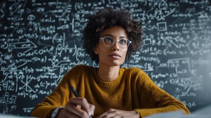 Student at chalkboard thinking deeply, solving equations, and writing notes in her notebook.