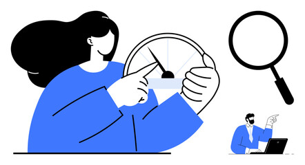 Woman controlling a speedometer, magnifying glass symbolizing analysis, and a worker with a laptop pointing at data. Ideal for performance, optimization, growth, accuracy, focus, progress analysis