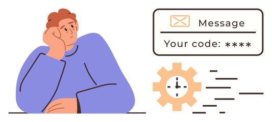 Person leaning on hand in thoughtful posture alongside interface displaying message and verification code. Clock cog represents processing or delay. Ideal for security, codes, technology, time