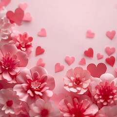 Fototapeta premium The text provides a Valentine's Day design featuring pink paper flowers and hearts.