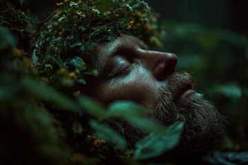 Close-up portrait of a bearded man sleeping peacefully in a forest, surrounded by green leaves and wildflowers, symbolizing unity with nature