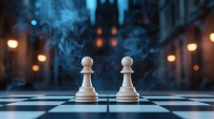 Chess pawn strategy concept with smoke and blurred background