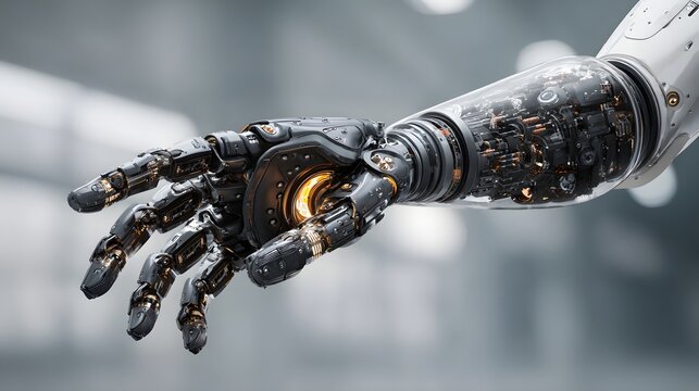 Close-up of a futuristic robotic arm and hand featuring intricate mechanical design details.