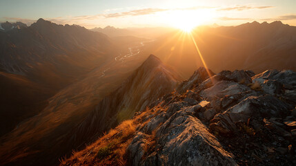 Majestic mountain range bathed in golden sunrise light peak golden hour