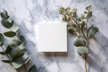 Small white square note paper white marble surface eucalyptus branch natural shadows