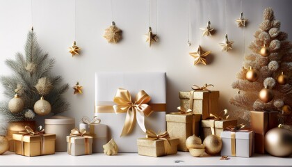 classic holiday scene featuring gift boxes and festive decorations on a white background