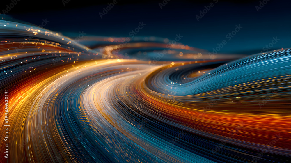 Poster dazzling light streaks creating an abstract futuristic image, depicting connectivity, technology inn