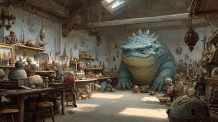 Strange room, filled with artifacts and strange objects, where a huge frog-like creature sits, and a small person looks at it, creating a surreal scene
