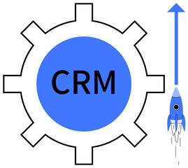 Gear with CRM text in the center and rocket launching toward an upward arrow. Ideal for growth, innovation, efficiency, optimization, business strategy, productivity, simple flat metaphor