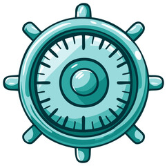 Cartoon style turquoise ship wheel featuring a navigational instrument with a circular design and multiple handles