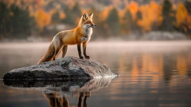 Red fox standing on rock by misty lake reflecting autumn trees animal wildlife