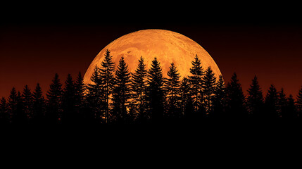Majestic orange moon rising behind a dark pine forest silhouette night pine trees