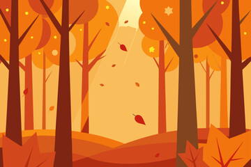 Stylized autumn forest with falling leaves and sunbeams