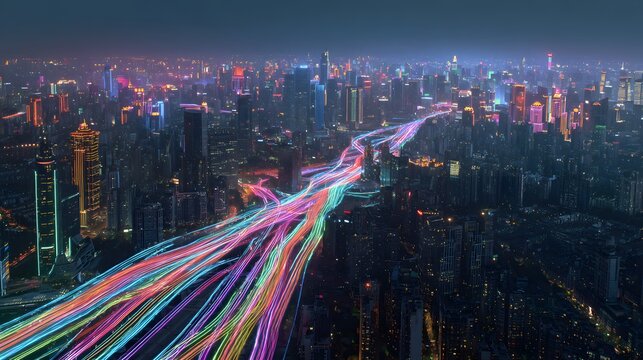Cityscape at night with colorful light trails weaving through illuminated buildings, urban energy.