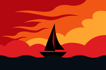 Naklejka premium Sailboat silhouette against a vibrant sunset sky