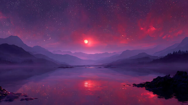 Majestic purple and magenta mountain landscape with a glowing celestial body over a tranquil lake