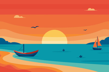 Naklejka premium Serene beach sunset with sailboat and calm ocean waters