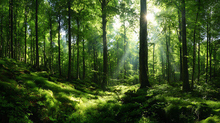 Obraz premium Verdant forest canopy illuminated by sunbeams trees green