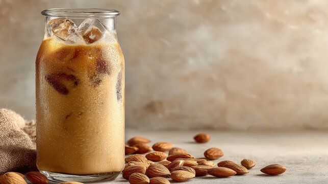 Horchata de almendra served in a clear carafe on a light ivory background