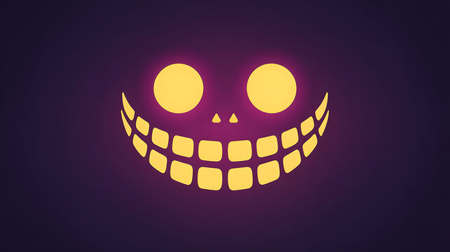 Glowing yellow skull face, wide grin, dark background.

