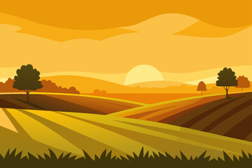Stylized rural landscape at sunset with rolling hills and trees