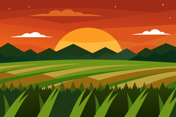 Obraz premium Vibrant sunset over rolling farmland and mountains