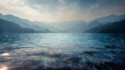 Nature merging with technology: A serene landscape overlaid with digital code across water.