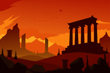 Naklejka premium Ancient ruins silhouetted against a fiery orange sunset sky