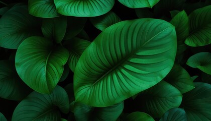 Lush tropical plant leaves with vibrant green tones and intricate vein details offer a captivating natural pattern background