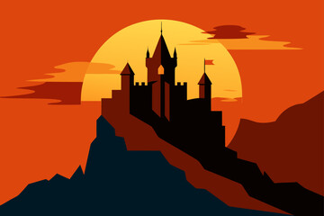 Fototapeta premium Mysterious castle silhouette against a dramatic sunset sky