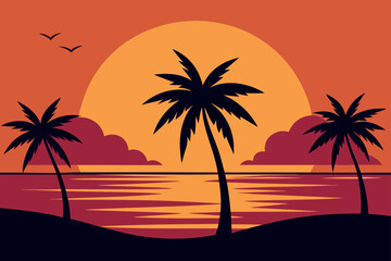 Obraz premium Tropical sunset with palm trees and ocean waves