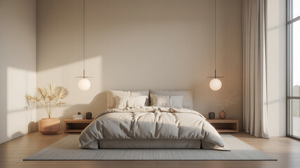 Fototapeta premium Beige bedroom with a large bed and pendant lights. 