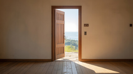 Fototapeta premium Open door reveals a vista, promising new horizons. 