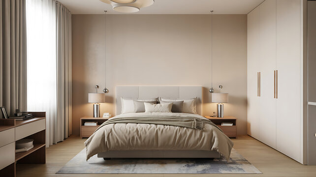 Beige bedroom with a cozy bed and warm lighting.
