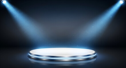 Dramatic Elegant 3D Stage with Chrome Podium and Blue Spotlights
