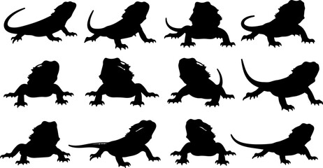 Bearded Dragon Silhouettes: Diverse Poses, Vector Illustration, Black and White, Reptile Collection, Graphic Design Elements.