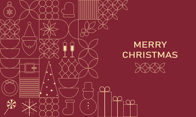 Elegant minimalist Christmas illustration featuring geometric icons like Santa, snowman, gifts, and festive symbols on a burgundy background with 