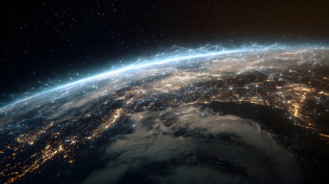 Earth from space featuring a glowing network overlay representing global connection and technology.