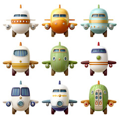 Cartoon Toy Airplanes and Vehicles in Grid Layout Featuring Colorful Designs, Hybrid Forms, and Playful Styles for Children’s Products, Educational Media, and Creative Projects.