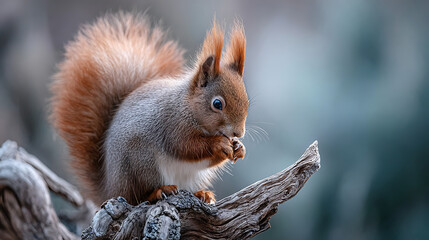 Fototapeta premium Red Squirrel Eating Nut on Branch rodent mammal