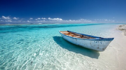 Naklejka premium Boat rests on tropical beach. Azure water sparkles in sun. Use for travel, summer, or vacation themes.